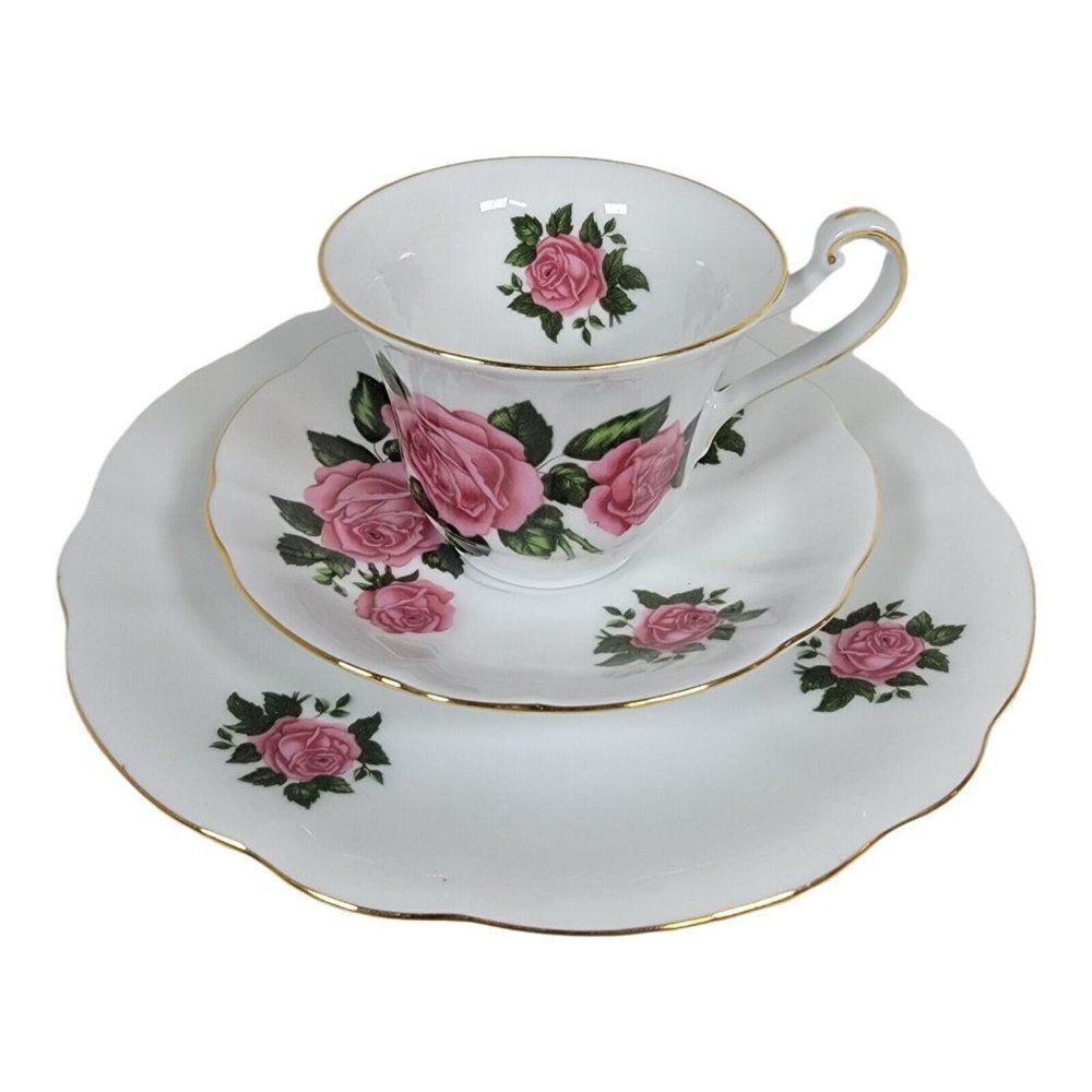 Pink Cabbage Rose Tea Cup Saucer Plate Set Germany Hartporzellan Rheinpfalz